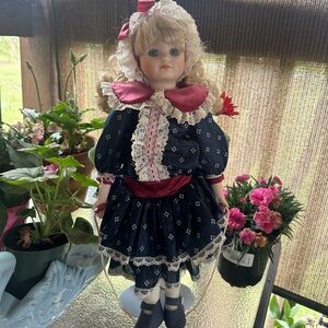 Vintage Porcelain Doll in Navy Dress with Burgundy Accents